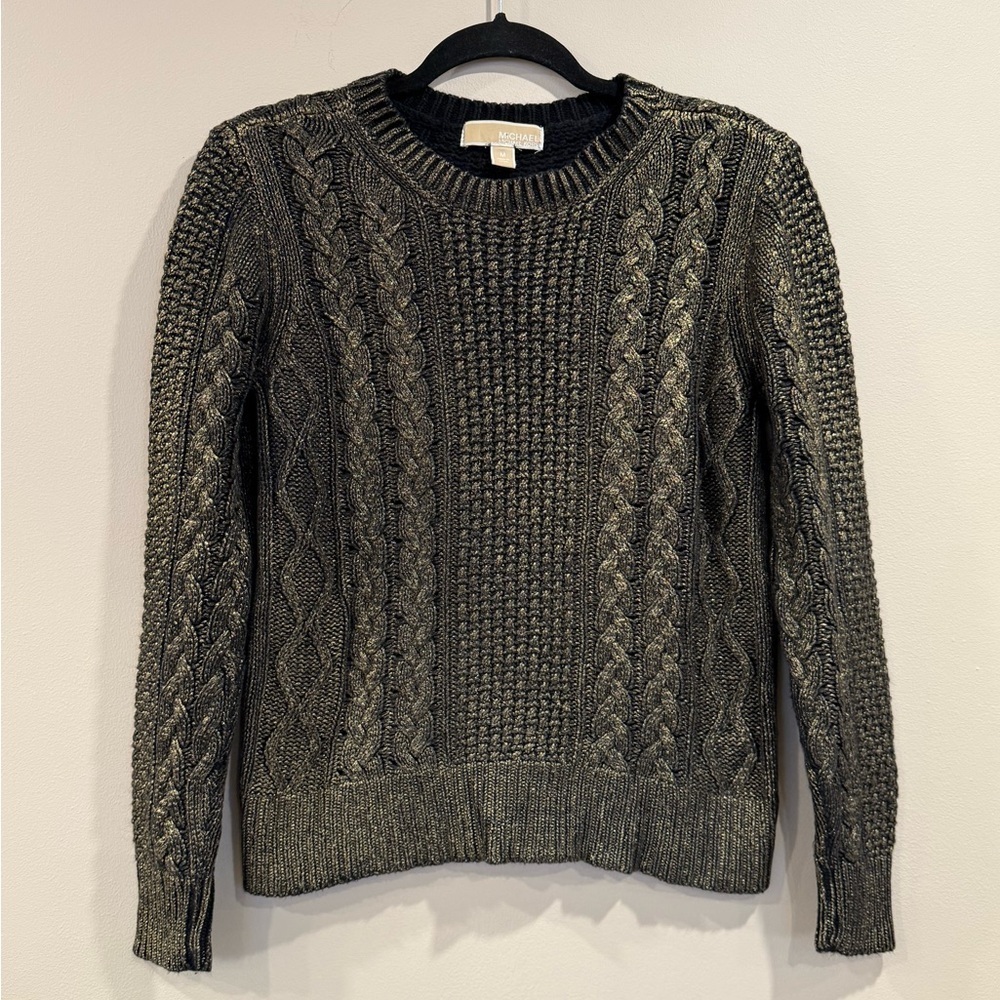🔥Michael Kors Women’s Black with Gold shimmer Cable Knit Sweater Sz M Like New🔥